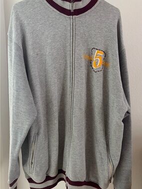 Triple Five Soul Gray Zip-Up Sweatshirt with Yellow '5' Patch and Burgundy Trim
